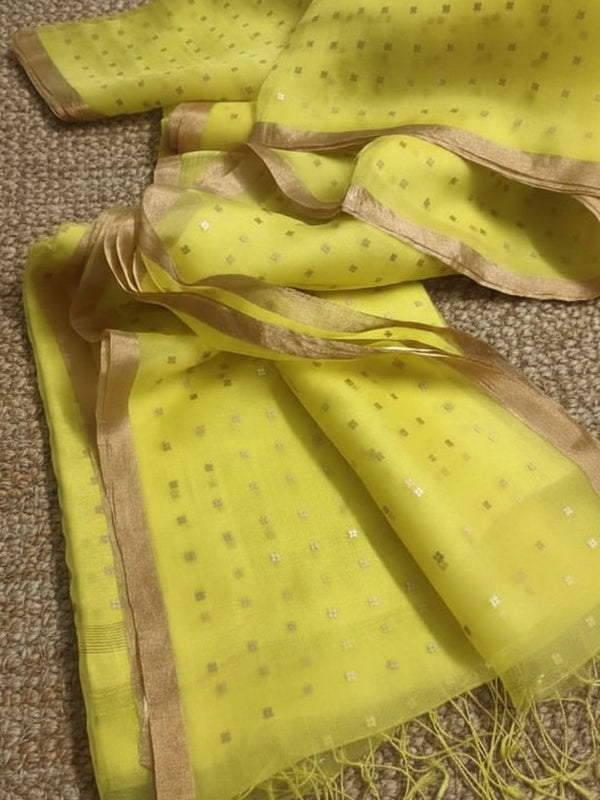 Indiehaat | Muslin Silk Jamdani Sequin Saree Yellow