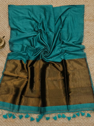 Indiehaat | Pure Cotton Handloom Zari Anchal Saree Green