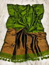 Indiehaat | Pure Cotton Handloom Zari Anchal Saree Green