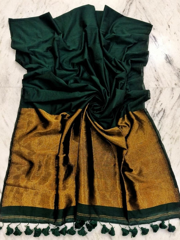 Indiehaat | Pure Cotton Handloom Zari Anchal Saree Green