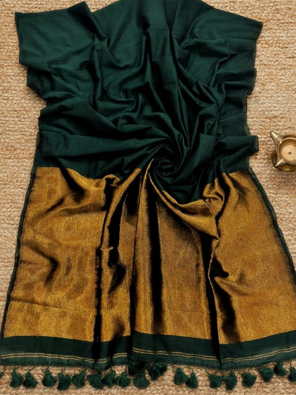 Indiehaat | Pure Cotton Handloom Zari Anchal Saree Green