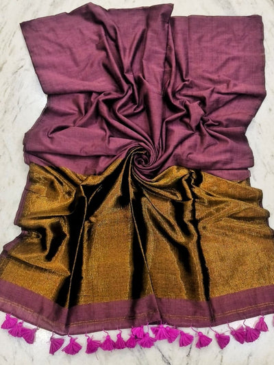 Indiehaat | Pure Cotton Handloom Zari Anchal Saree Purple