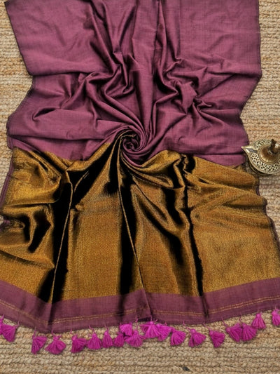 Indiehaat | Pure Cotton Handloom Zari Anchal Saree Purple