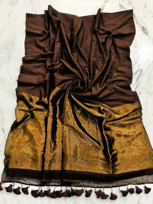 Indiehaat | Pure Cotton Handloom Zari Anchal Saree Brown