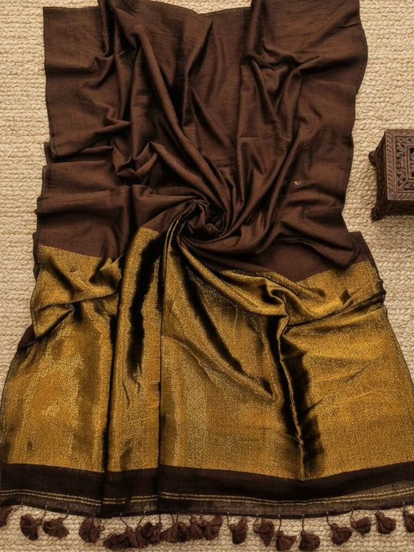 Indiehaat | Pure Cotton Handloom Zari Anchal Saree Brown