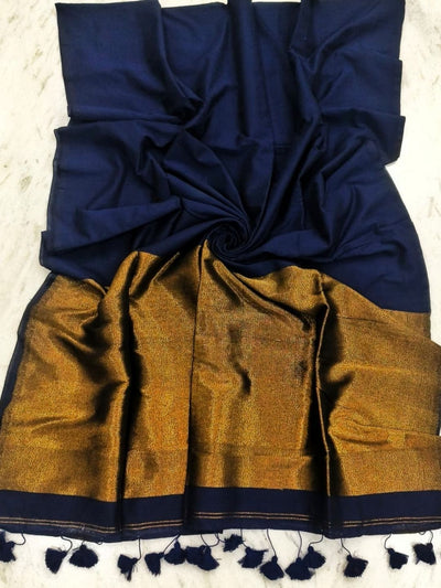 Indiehaat | Pure Cotton Handloom Zari Anchal Saree Blue