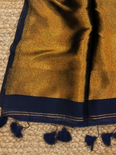 Indiehaat | Pure Cotton Handloom Zari Anchal Saree Blue