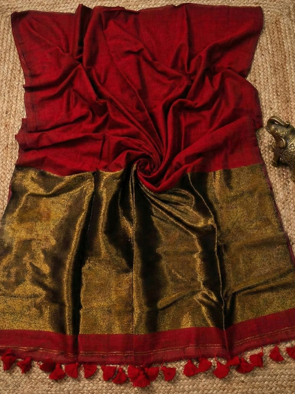Indiehaat | Pure Cotton Handloom Zari Anchal Saree Red