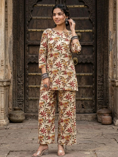 Ruhika Blockprinted Pure Cotton Co-Ord Set Beige
