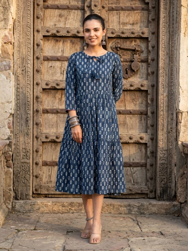 Indiehaat | Blockprinted Cotton Frill Dress Indigo