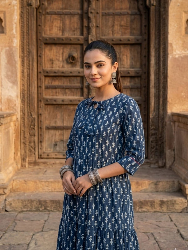 Indiehaat | Blockprinted Cotton Frill Dress Indigo