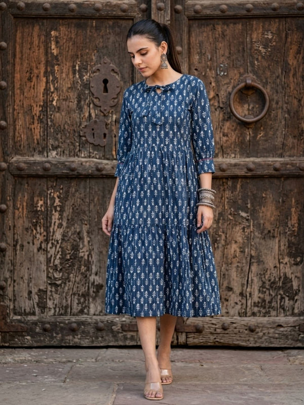 Indiehaat | Blockprinted Cotton Frill Dress Indigo
