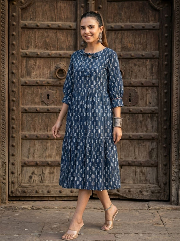 Indiehaat | Blockprinted Cotton Frill Dress Indigo