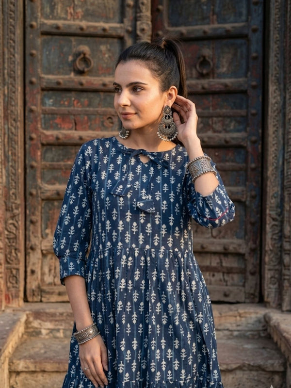 Indiehaat | Blockprinted Cotton Frill Dress Indigo