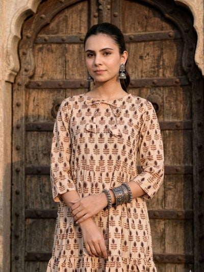 Indiehaat | Blockprinted Cotton Frill Dress Beige