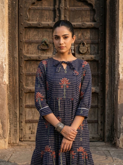 Indiehaat | Blockprinted Cotton Frill Dress Blue