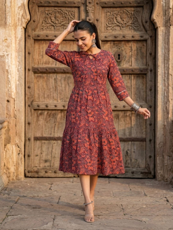 Indiehaat | Blockprinted Cotton Frill Dress Maroon