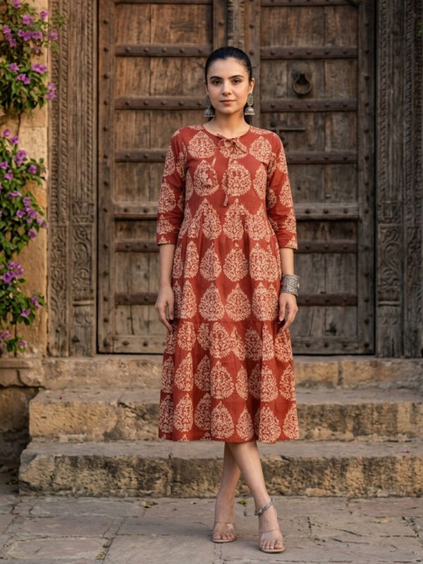 Indiehaat | Blockprinted Cotton Frill Dress Orange