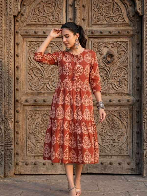 Indiehaat | Blockprinted Cotton Frill Dress Orange