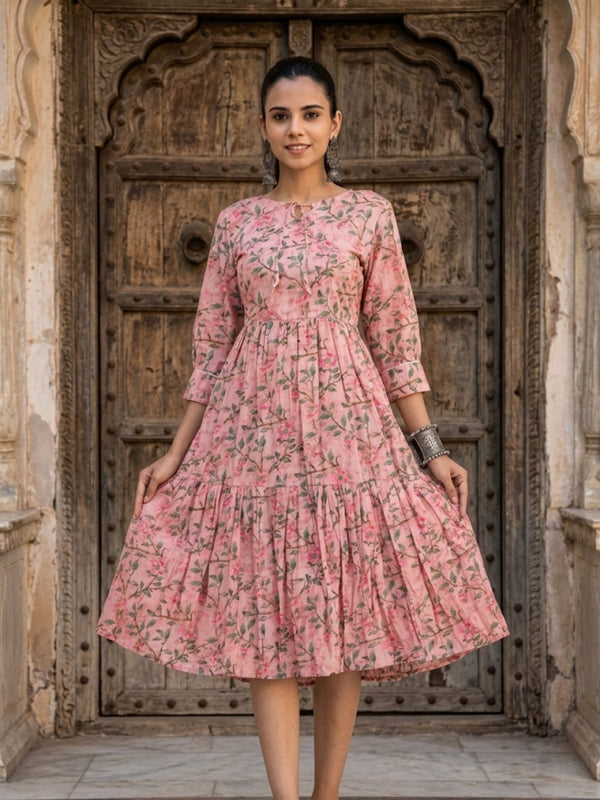 Indiehaat | Blockprinted Cotton Frill Dress Pink