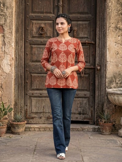 Vihana Pure Cotton Hand Printed Top Dark Red