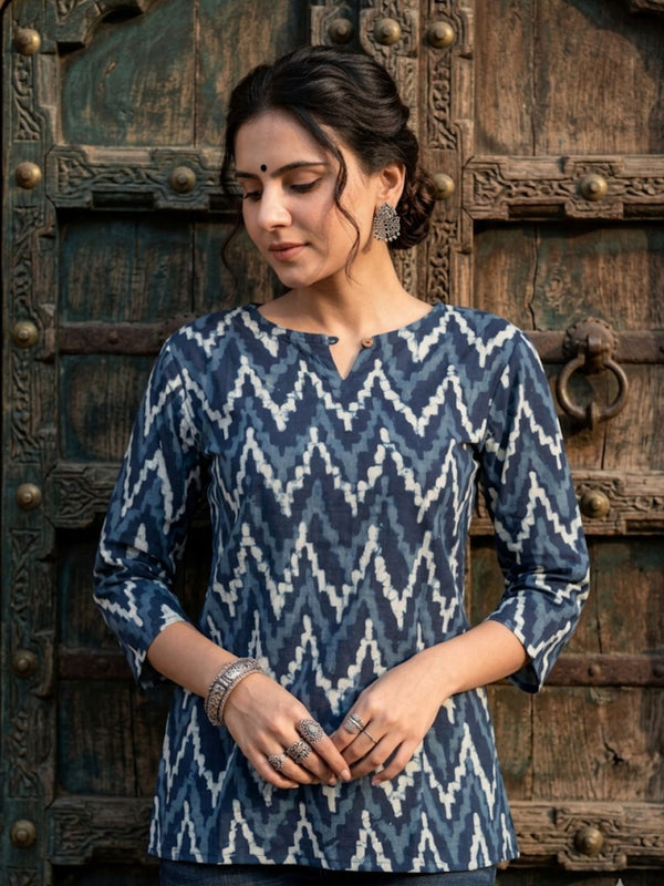 Indiehaat | Handprinted Pure Cotton Top Blue