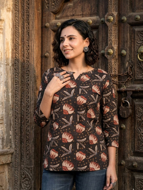 Indiehaat | Handprinted Pure Cotton Top Brown