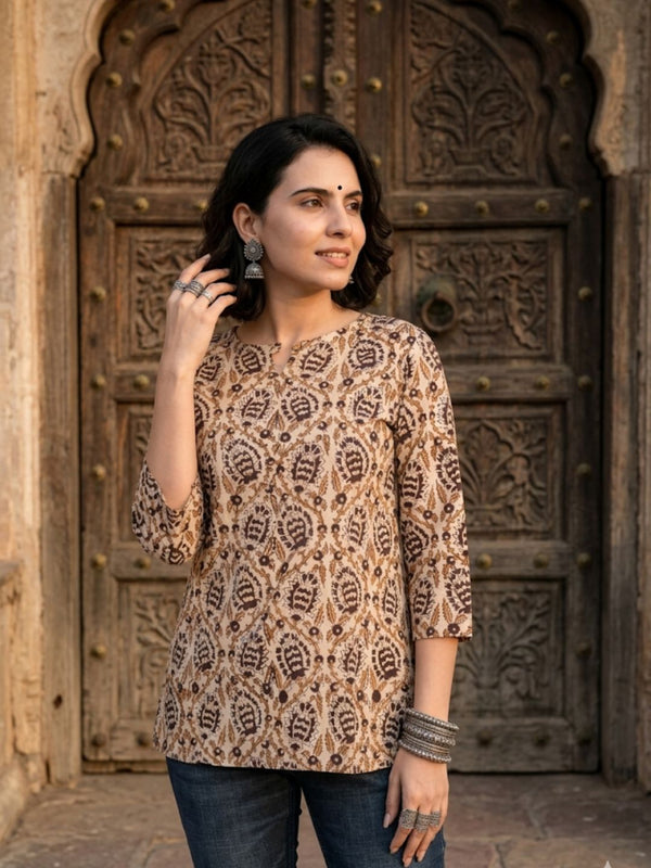 Indiehaat | Handprinted Pure Cotton Top Beige