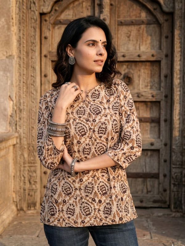 Indiehaat | Handprinted Pure Cotton Top Beige