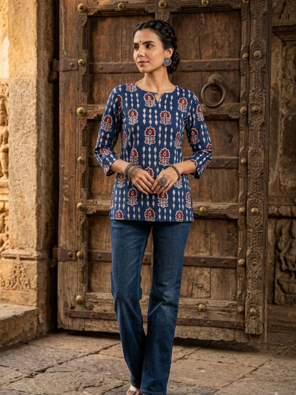 Indiehaat | Handprinted Pure Cotton Top Blue