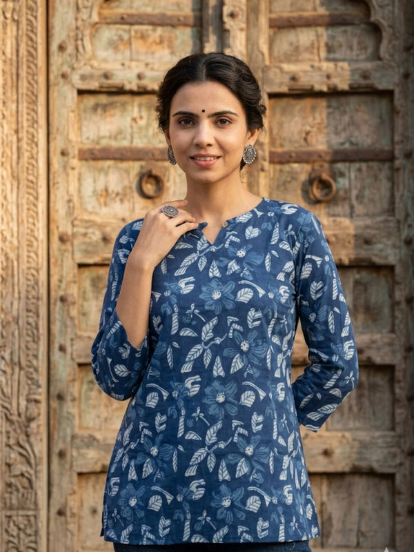 Indiehaat | Handprinted Pure Cotton Top Blue