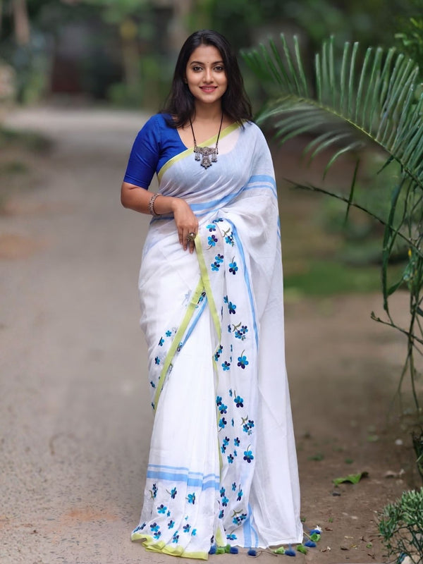 Indiehaat | Mul Cotton 120 Count Embroidery Saree White 