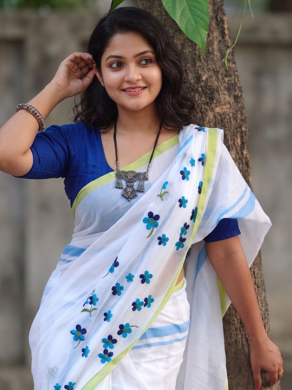 Indiehaat | Mul Cotton 120 Count Embroidery Saree White 