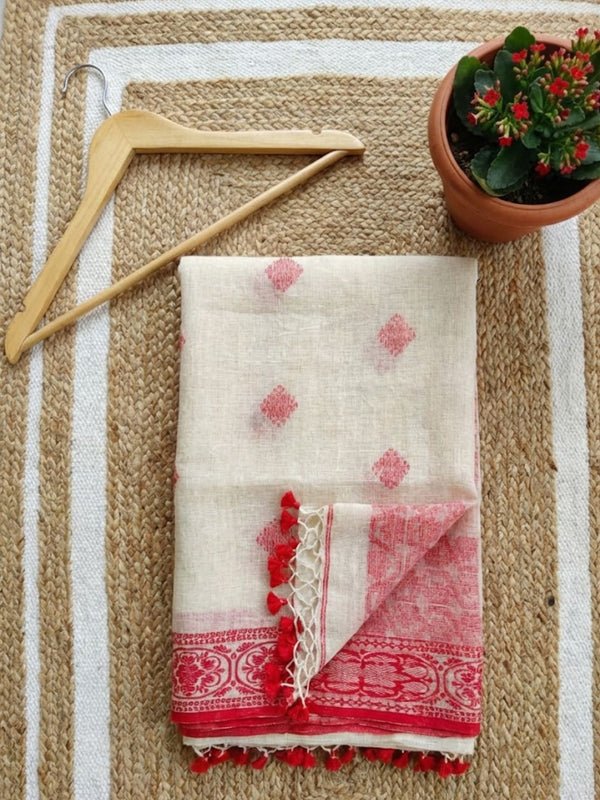 Indiehaat | Pure Linen Jamdani Saree White