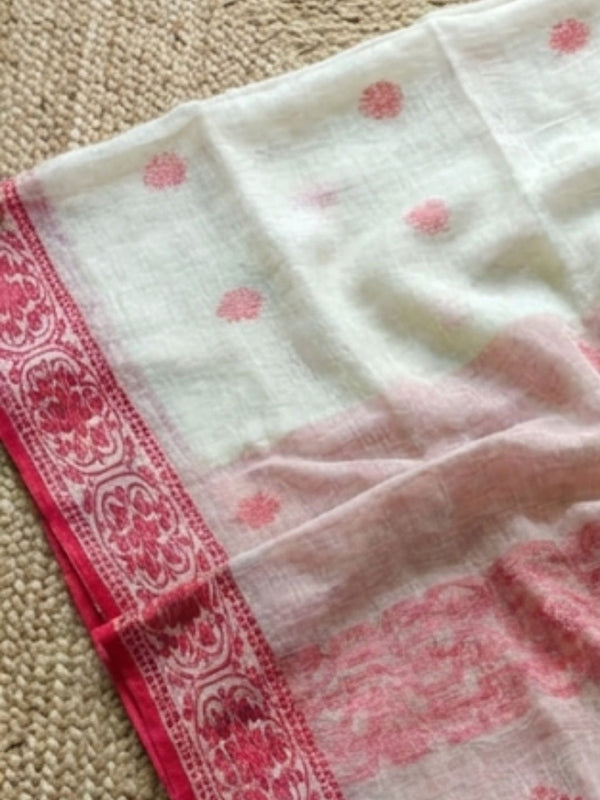 Indiehaat | Pure Linen Jamdani Saree White