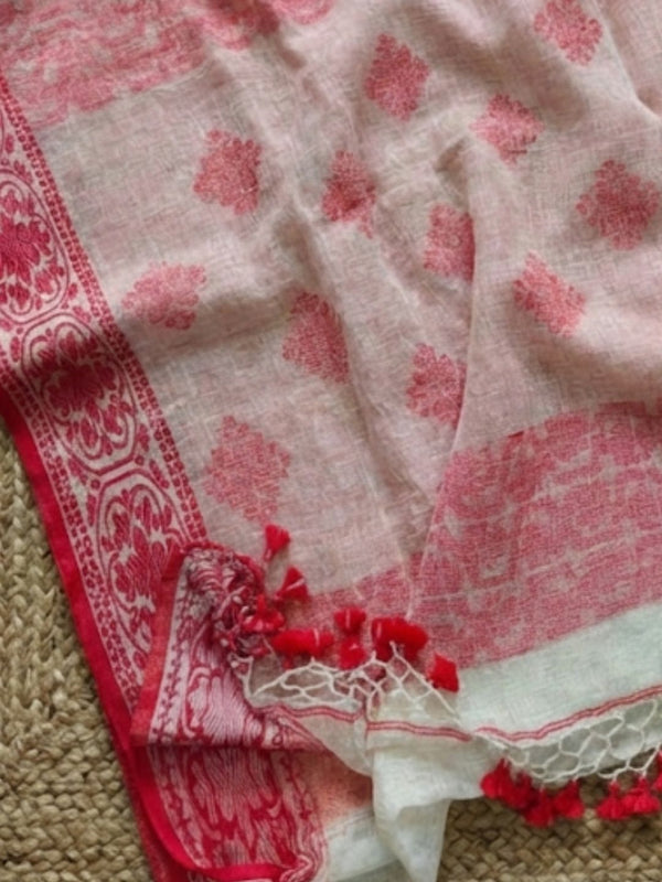 Indiehaat | Pure Linen Jamdani Saree White