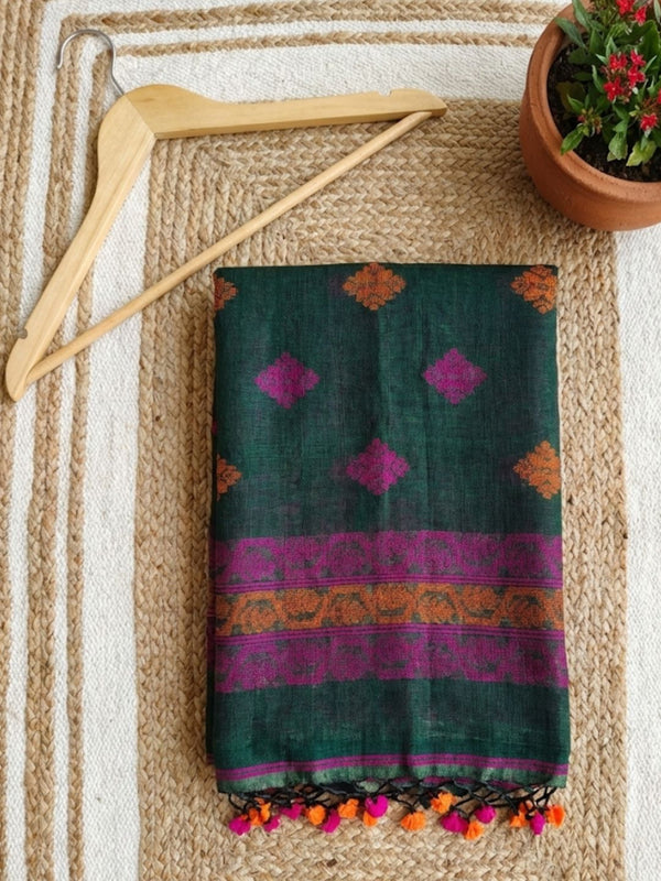 Indiehaat | Pure Linen Jamdani Saree Green
