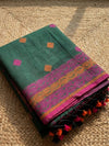 Indiehaat | Pure Linen Jamdani Saree Green