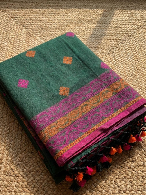 Indiehaat | Pure Linen Jamdani Saree Green