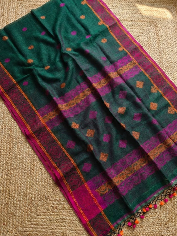 Indiehaat | Pure Linen Jamdani Saree Green