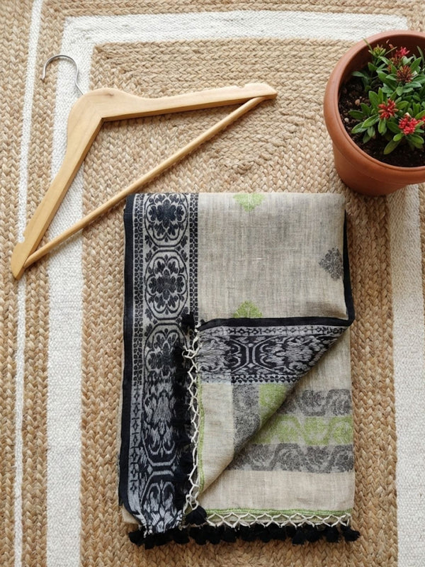 Indiehaat | Pure Linen Jamdani Saree Beige