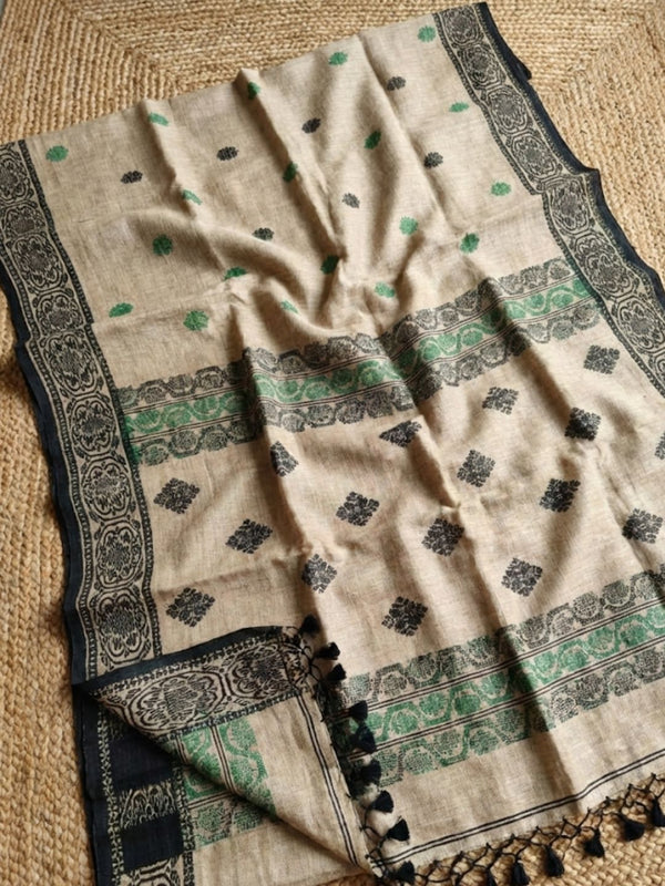 Indiehaat | Pure Linen Jamdani Saree Beige