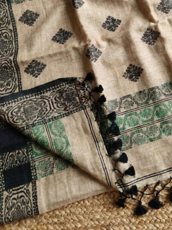 Indiehaat | Pure Linen Jamdani Saree Beige