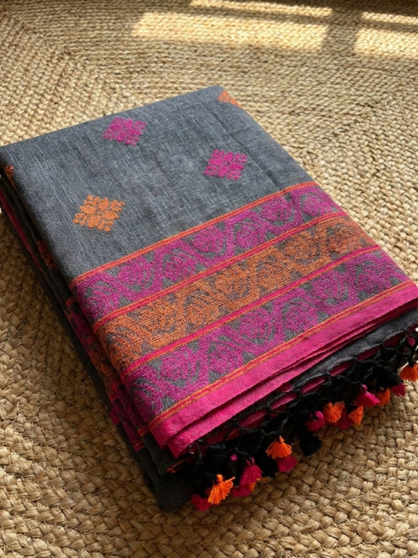 Indiehaat | Pure Linen Jamdani Saree Gray