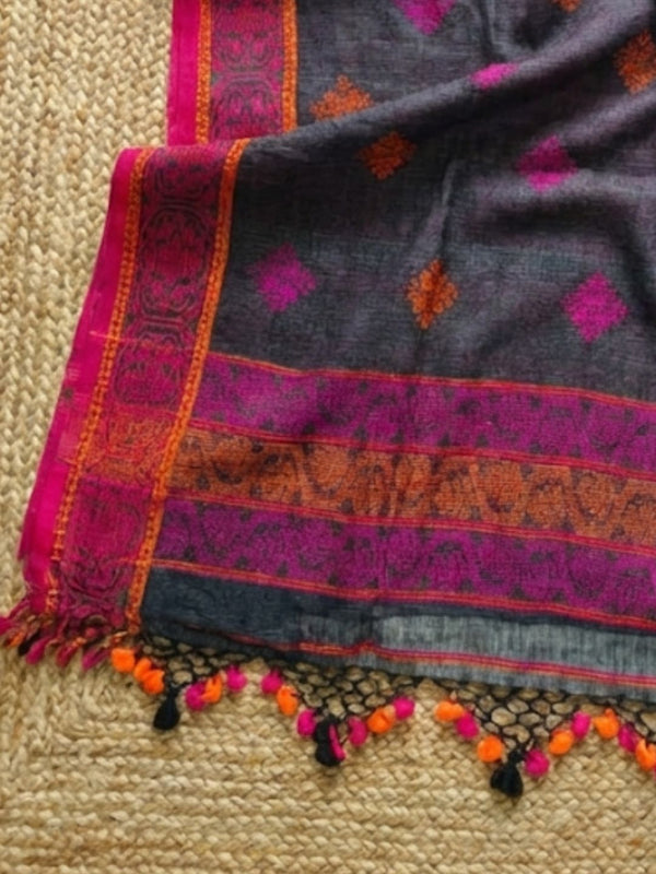 Indiehaat | Pure Linen Jamdani Saree Gray