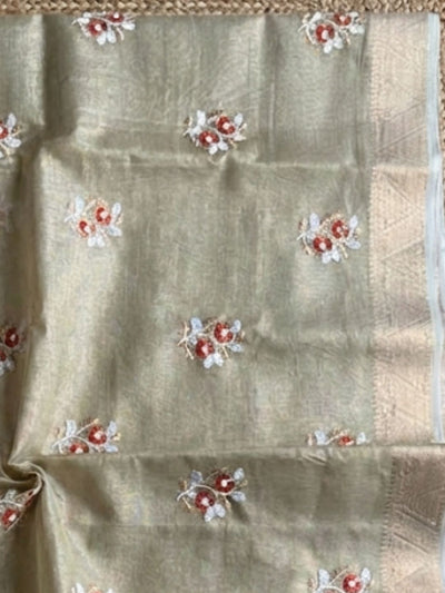 Indiehaat | Kota Doria Semi Silk Embroidery Saree Bronze
