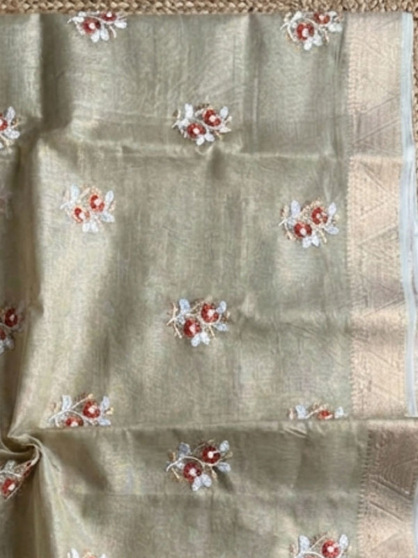 Indiehaat | Kota Doria Semi Silk Embroidery Saree Bronze