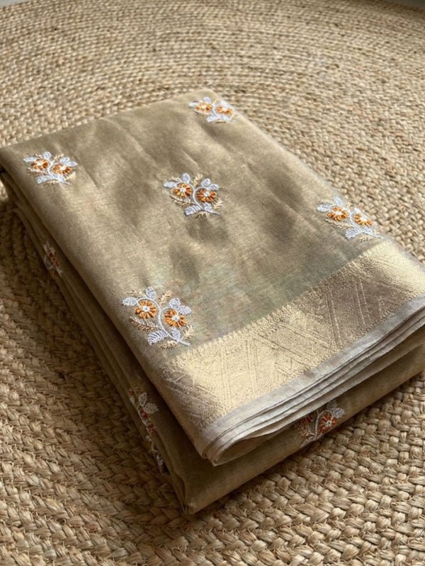 Indiehaat | Kota Doria Semi Silk Embroidery Saree Gold