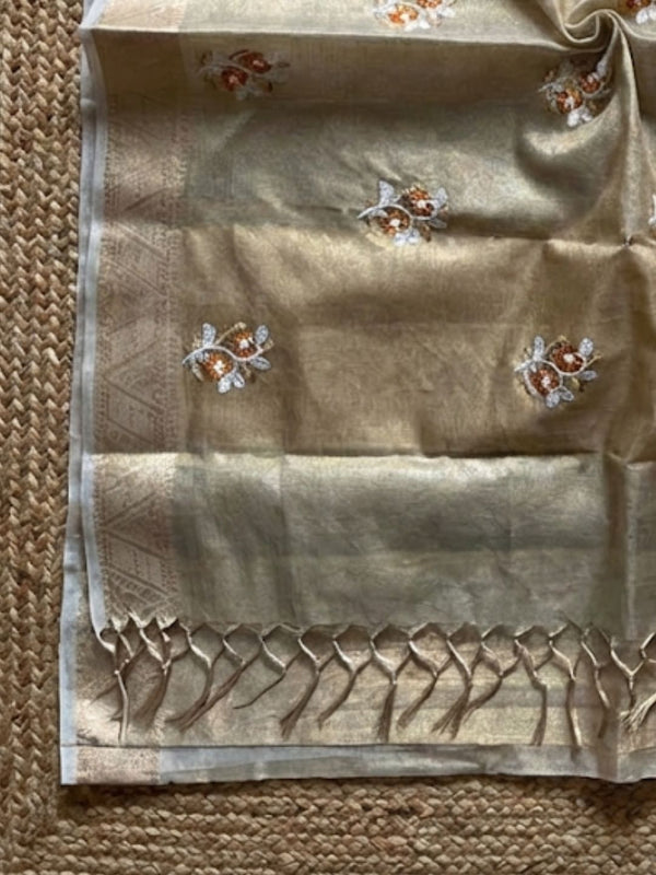 Indiehaat | Kota Doria Semi Silk Embroidery Saree Gold