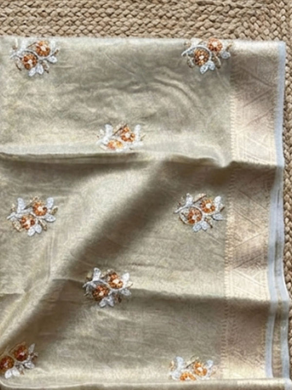 Indiehaat | Kota Doria Semi Silk Embroidery Saree Gold
